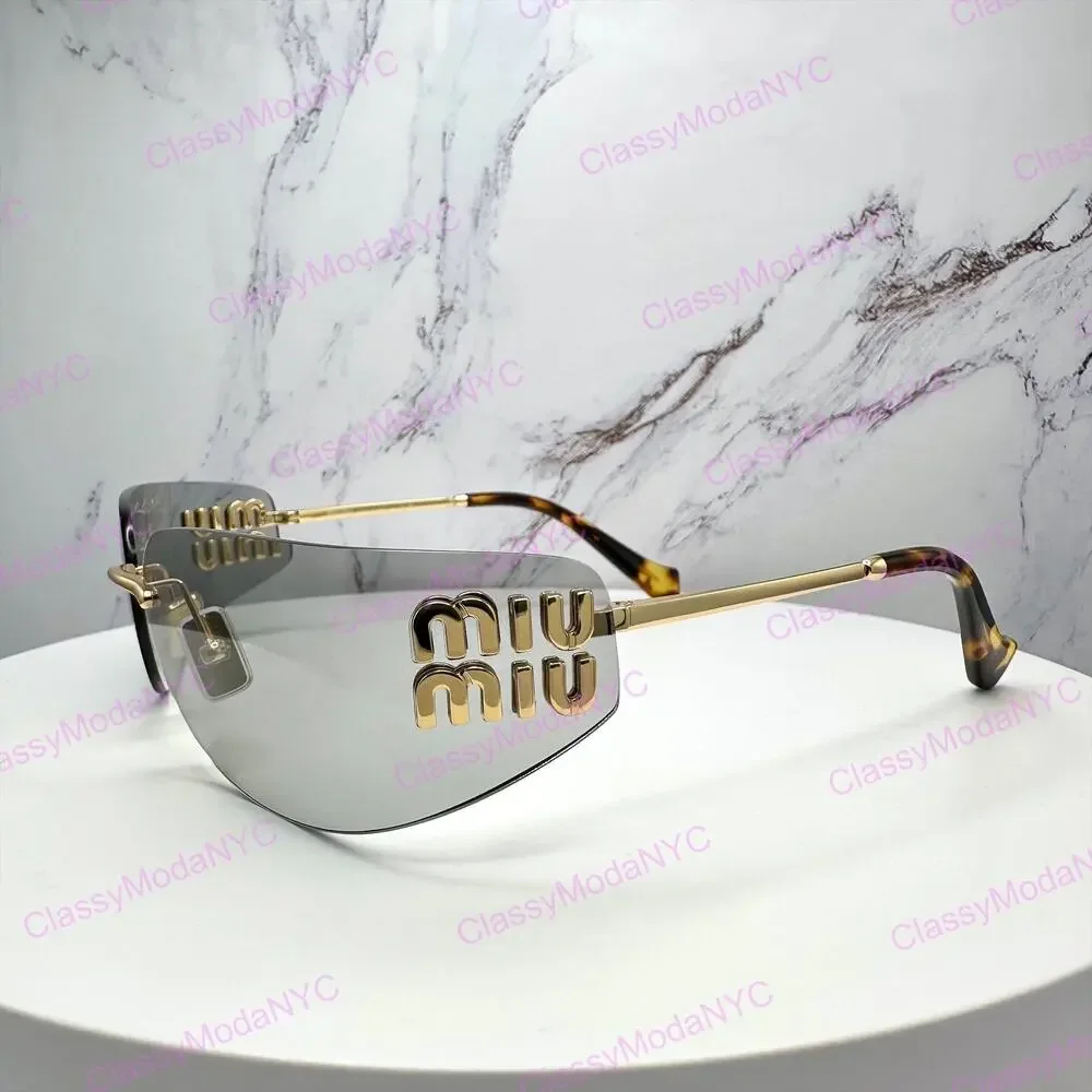 New MIU MIU Logo Sunglasses 2025 Runway Gold Slim Skinny Wrap Rimless Italy